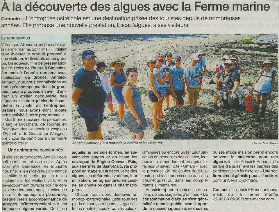 Article Ouest-France Cancale "A la découverte des algues avec la Ferme Marine" - 25/07/2019